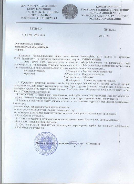 Тамактандыру сапасын бакылау жасау сараптама тобын кайта куру жайлы